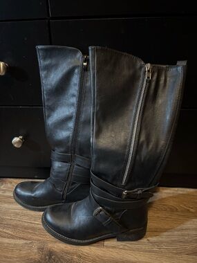 Global Win Black Mid-Calf Riding Boots with Side Zipper and Buckle